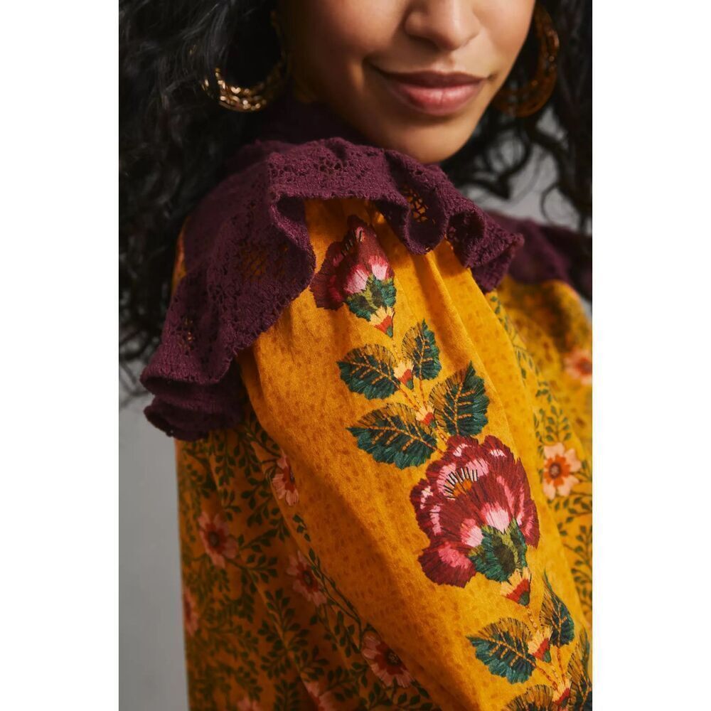 Anthropologie Farm Rio Ruffled Blouse Floral Printed Top Embroidered Lace M NWT - Picture 3 of 7